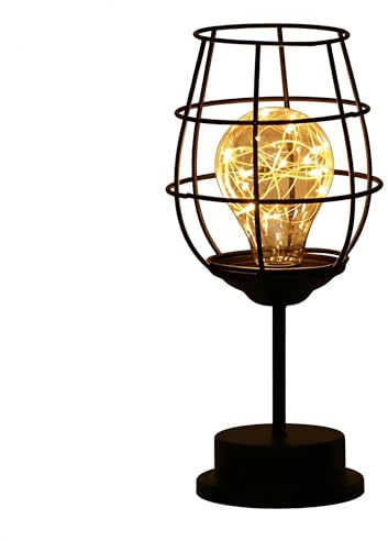 XVICO Wine Glass Table Lamp - Rustic Iron Frame LED Fairy Light Lamp, Warm White Ambient Night Light for Bedroom, Living Room, Bar & Home Decor (Battery Powered)