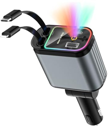 4-in-1 Car Charger, 66W Fast USB-C, RGB Ambient Light, 80cm Retractable Cable, Compatible with iPhone/Android, Black/Grey