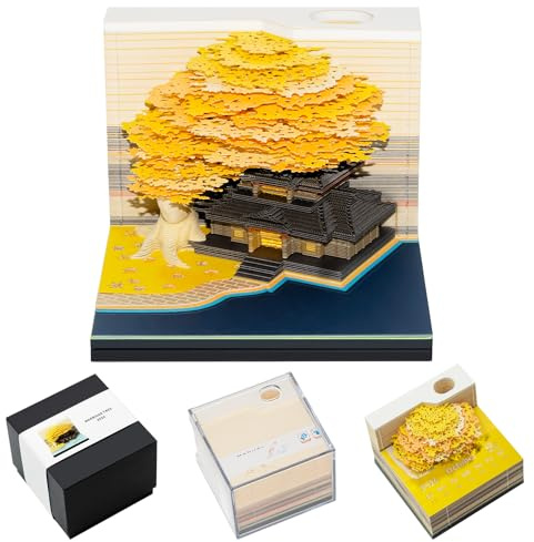 3D Kalender 2026,3D-Notizblock mit LED-Licht, DIY-Desktop-Dekoration,Stifthalter Baumhaus, abnehmbarer Kalender 2026, (Gold)