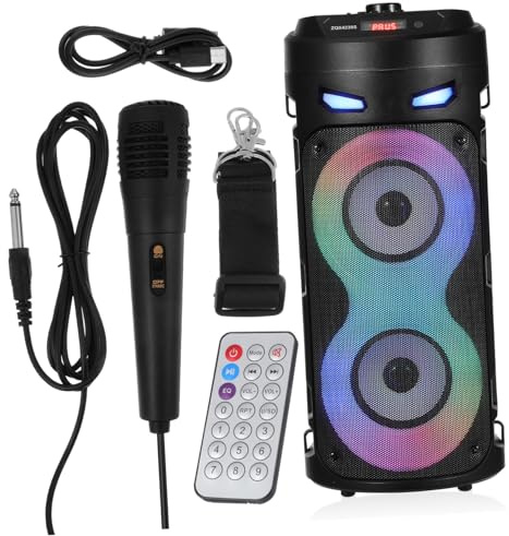 BAZEITFLOW Altavoz Portátil con Subwoofer Potente y Luces LED Coloridas Micrófono y Mando Distancia Equipo de Audio para Escritorio y Coche para Fiestas y Exteriores