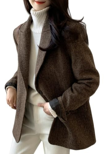 Blazer De Mujer - Blazer De Tweed con Espiga para Mujer Chaqueta De Traje Informal De Oficina con Abertura Frontal Elegante Gabardina De Mezcla De Lana De Dos Botones Abrigo De Invierno Tipo Trenca