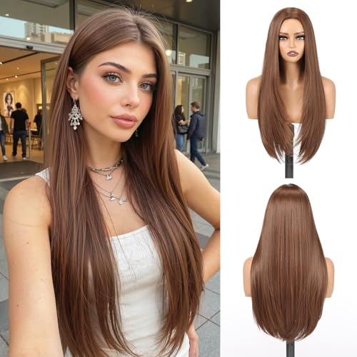 EMMOR Lange gerade Perücke für Frauen, geschichtete Mittelteil-Perücken, 26 inch natürliche hitzebeständige synthetische Haare für den täglichen Gebrauch, Partys und Cosplay（Braun Perücke）