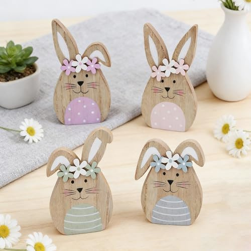 4 Stück Osterhase Deko aus Holz Aufsteller zum Frühling und zur Osterdekoration Osterdeko Holz Hase Aufsteller Ostern Hase für Drinnen Draußen Tischdekoration Garten Ostern Frühling Dekoration