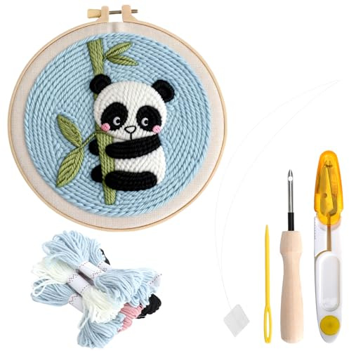 XRVRILE Kit Punch Needle Débutant, Punch Needle Kit Complet avec Ciseaux, Kit Broderie Débutant Motif Panda Préimprimé, pour Broderie DIY Relaxante, Adulte