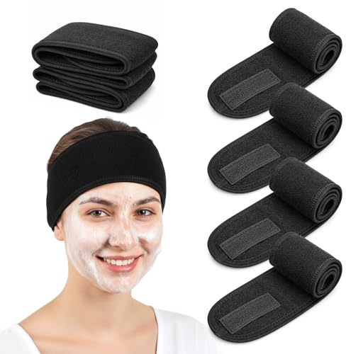 4 Stück Haarband Kosmetik, Abschmink Haarband Damen Schwarz Sport Haarbänder Schminken Stirnband Verstellbare Haarschutzband mit Klettverschluss für Gesicht Sport Yoga Dusche Spa (Schwarz)