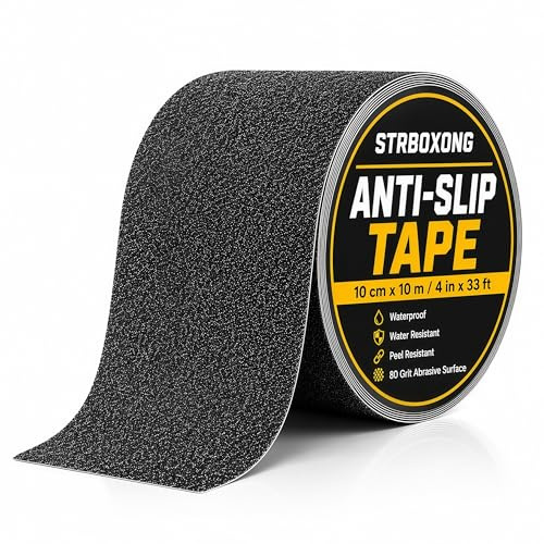 STRBOXONG Antirutsch Klebeband Schwarz (100mm x 10m) - Selbstklebendes Grip Tape für Treppenstufen Außen & Innen - Wasserfestes Antirutschband für Stufen, Leitern & Rampen - Maximale Trittsicherheit
