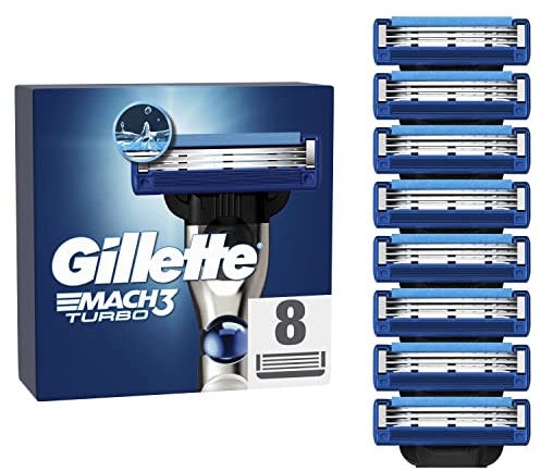 Gillette Mach3 Turbo Razor Blades Men, Pack of 8 Razor Blade Refills, Stronger Than Steel Blades, Enhanced Lubrastrip
