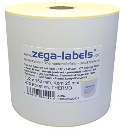 Thermo Etiketten auf Rolle - 102 x 152 mm - 475 Stück je Rolle - Kern: 25 mm - aussen gewickelt - permanent haftend - mit Perforation - Druckverfahren: Thermodirekt (Drucken ohne Farbband)