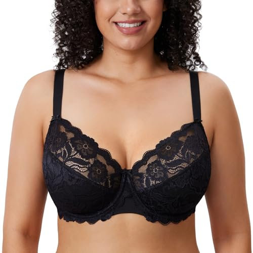 Delimira Women's Full Coverage Non-Foam Floral Lace Plus Size Underwired Bra Black 38H