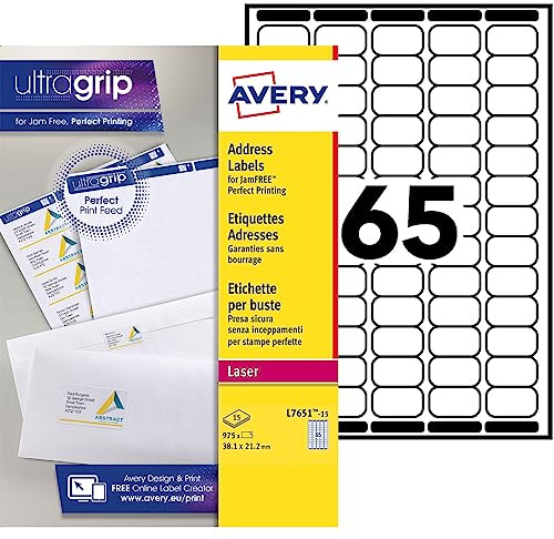 Avery l7651-15 975 Mini-Etiketten, Laserdrucker-Etiketten, 38,1 x 21,2 mm, Weiß