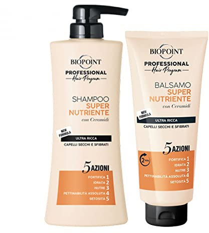 BIOPOINT KIT CAPELLI SUPER NUTRIENTE SHAMPOO 400ML + BALSAMO 400ML | LINEA PROFESSIONAL SALON QUALITY PER CAPELLI SECCHI E SFIBRATI