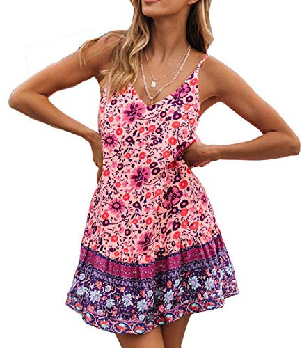 Snyemio Donna Scollo V Vestiti Sexy Bohemian Stampa Fiore Mini Abito da Spiaggia Sera Vacanza Estivo (Viola, XS)