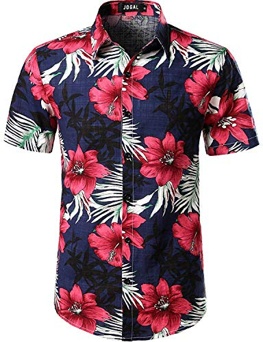 JOGAL Chemise hawaïenne, décontractée, à manches courtes, pour homme, motif floral, Marine, XL