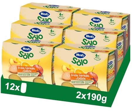 Hero Baby Tarrito Infantil - Tarritos Merienda de Frutas Variadas y Galleta, Sin Aceite de Palma, Sin Sal Añadida, Sin Azúcar Añadido, Bebé desde 6 Meses, Ingredientes 100% Naturales,6 Packs de 2x190g