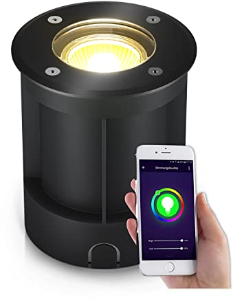 lambado® LED Bodenstrahler für Außen mit RGB Farbwechsel - Alexa & Google Home steuerbar per App - Schwarz runde Bodenleuchte/Bodeneinbaustrahler IP67 - Befahrbar & Wasserdicht