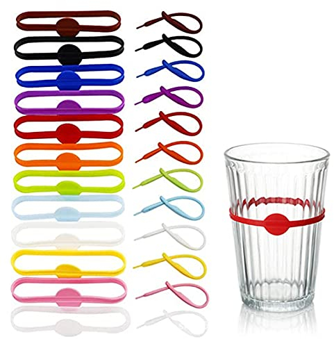 Mecmbj 24 Pièces Marqueur Verre Silicone, Coloré Marqueurs de Boissons Réutilisable Identificateur Verre Tasse de Verre à Bière Vin Cocktail Verre Bouteille Marqueur de Balise pour Home Bar Party