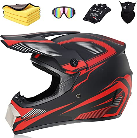 Ruiqieor Motorradhelm Motocross Helm Kinder Cross Helms Motorbike ATV MTB Freien Sport Motorcycle Helmet Set mit Handschuhen Brille,Black red,M:57-58cm