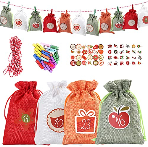 PW TOOLS 24 Adventskalender Zum Befüllen,Jutesäckchen Adventskalender 2020 Für Männer Frauen Kinder,Weihnachten Geschenktüten Mit 48 Adventszahlen Aufkleber, Stoffbeutel Weihnachtskalender Tüten