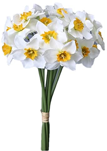 Fowybe Narzissen - Künstlicher Blumenstrauß, Weiß, Real Touch, Hochzeit, Frühlingsdekorationen