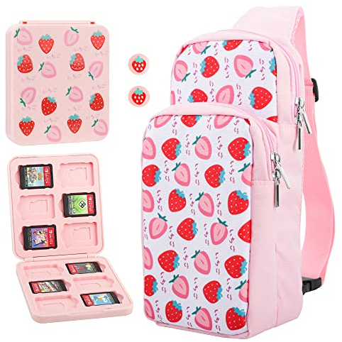 FANPL Tragetasche für Nintendo Switch/OLED/Lite Reisetasche, Rosa Schulterrucksack Set mit Spielhülle und Daumengriffkappen, Switch Zubehör Tragbare Crossbody Tasche mit Erdbeere für Mädchen