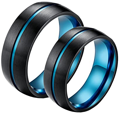 ANAZOZ Ring Edelstahl Eheringe, Hochzeit Ringe Paar Personalisierte Damen gr.57 und Herren gr.62 Schwarzer und Blauer Ring 8mm