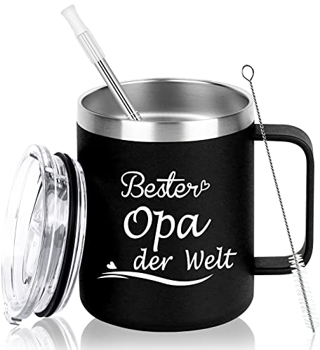 Livole Geschenk für Opa - Tasse mit Spruch Bester Opa der Welt, 350ml Edelstahl Weinbecher mit Deckel und Stroh, 12oz Vakuum Kaffeebecher to Go, Schwarz - Perfekt für Weihnachten und Geburtstag