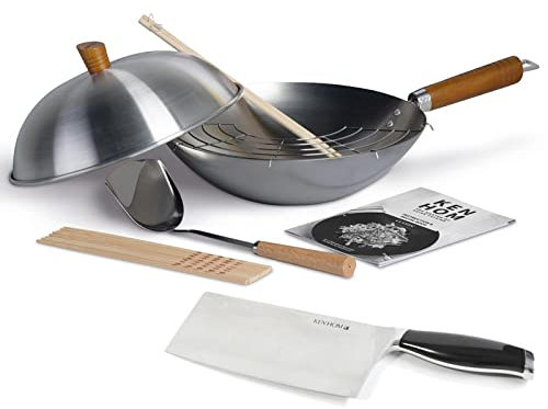 Ken Hom Wok-Set 31 cm Induktion 11-teilig - unbeschichtete Wokpfanne mit Deckel & Zubehör - Karbonstahl Stielwok mit Holzgriff - für alle Herdarten - Set inkl. Hackmesser 18 cm
