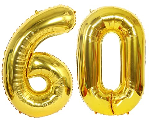 D2D | Party Balloon Zahl 60 XL in Gold - Größe: 80 cm - Folienballons - Zahlenballons - Geburtstagdeko - Diamantene Hochzeit - Helium Ballons