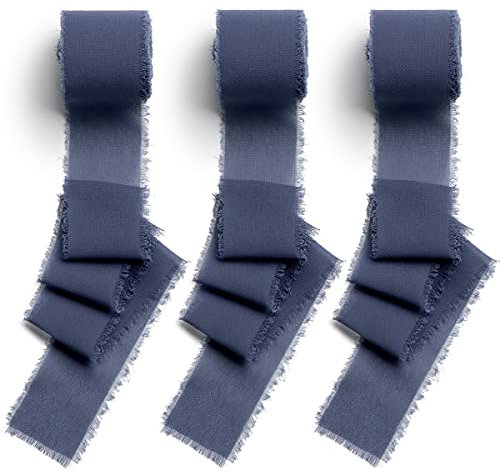 CHUQING Lot de 3 rouleaux de ruban en mousseline de soie à franges faites à la main - Ruban cadeau de mariage - Bleu poussière - 38 mm x 6,3 m - Pour invitations de mariage, bouquets de mariée
