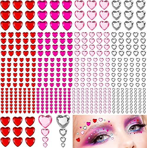 525 Pcs Heart Face Gems Stickers, Self Adhesive Heart Stickers | Gems Diamond Stickers for Face Rhinestones Crafts Acrylic, Wedding Valentine's Day Decoration Jewelry Making DIY Craft