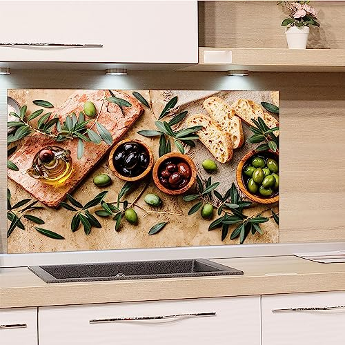 GRAZDesign Spritzschutz Küchenrückwand Glas Küche für Herd & Küchenspüle, Holzoptik mit Oliven | Glasplatte für Rückwand Küchenwand Wandschutz | 80x40cm