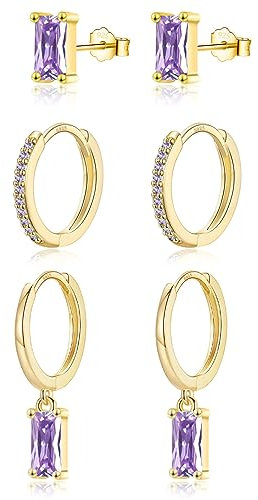 CERSLIMO Gold Earrings for Women - Sterling Silver Earrings Set of 3 with Purple Amethyst Cubic Zirconia | Huggie Hoop Earrings, Rectangle Stud Earrings & Drop Dangle Earrings, Gold Earrings for Women
