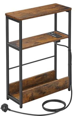 VASAGLE Slim Side Table with Charging Station, 3-Tier Narrow Bedside Table, End Table for Small Spaces, Magazine Rack, for Living Room, Bedroom, Study, Rustic Brown and Ink Black LET335K03
