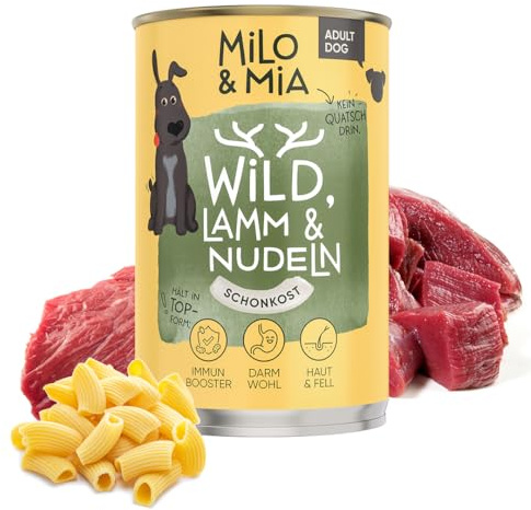 Milo & Mia Adult Nassfutter für Hunde, 72% Wild & Lamm, 6 x 400 g