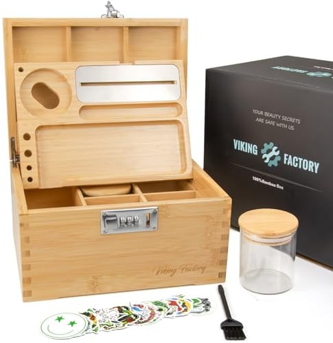 Viking Factory Großer Bambus-Aufbewahrungskasten mit Kombinationsschloss – Dekorativer Heimkasten mit Tablett und Glasbehälter für Zubehör (24 x 18 x 14 cm) (ORIGINIAL)