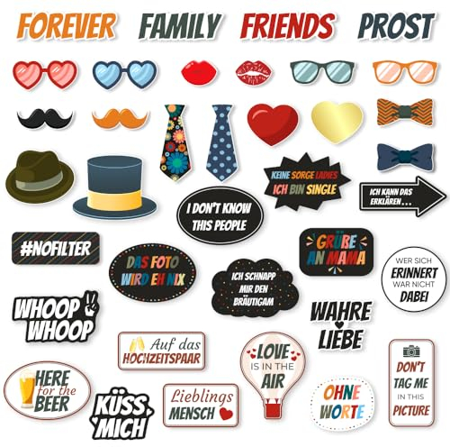 Fotobox Accessoires für Hochzeit -37-teiliges Premium Foto-Set für unvergessliche Hochzeitsbilder – Lustige Requisiten für Photo Booth Party Zubehör