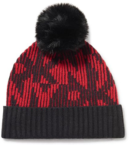 DKNY Damen Logo Faux Fur Pom Ribbed Hat Beanie-Mütze, Rotes Licht, Einheitsgröße