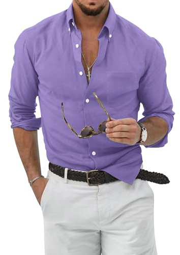 TARAINYA Camicia Lino Uomo Cotone Manica Lunga Estiva Casual con Tasche Regular Fit Viola XL