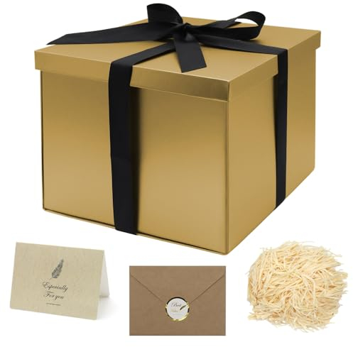 GOIYZTTR Geschenkbox mit Deckel 23 * 23 * 18cm Tiefe Geschenkbox Gold Groß Geschenkkarton Gold mit Schleife Grußkarte und Bast Geeignet als Geschenkverpackung