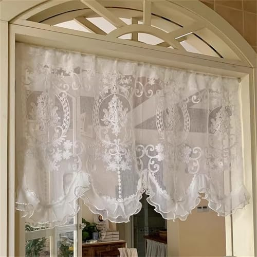 champracer Landhausstil Kurzgardine, Boho Kurze Vintage Spitze Gehäkelt Blumen Muster Retro Bistrogardine Kurz Gardinen Kleines Fenstervorhang Küche Tür mit Quaste (1 Stüick, W 230x H 65 cm)