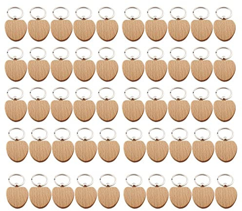 Qeunrtiy 50pcs Porte-Clés Vierge en Forme de Coeur en Bois en Forme de Coeur Porte-Clés Étiquette Anti-Perte Accessoires en Bois Étiquettes Peuvent Graver des Cadeaux de Bricolage