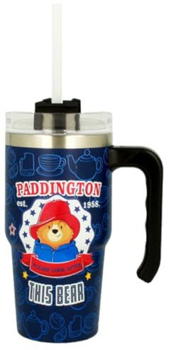Elgate Paddington Bear 'Look After This Bear' Double Wall Insulated Travel Mug Drinks Flask with Straw - 600ml - Stainless Steel - Perfect for Hot Drinks, Cold Drinks, Travel, Coffee Cup