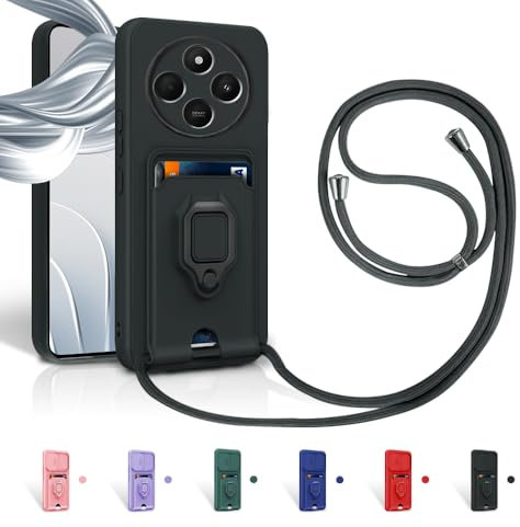 Aithne Funda con Cuerda para Xiaomi Redmi 14C 4G Case con Ranura para Tarjetas,360 Anillo función de Soporte Cubierta -Negro