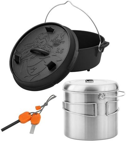 FEUERGOTT - Dutch Oven Set 3,5L mit Füßen - Gusseisentopf, Solo Stove Pot 4000, Feueranzünder - Groß für Camping, Outdoor-Kochen, Feuerschale, Grillzubehör, BBQ