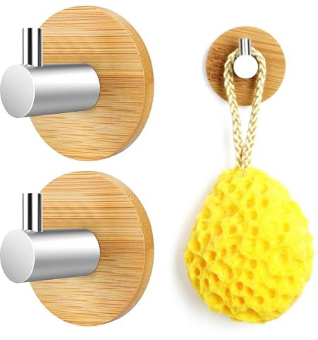 Ganchos de madera de bambú para toallas, 2 unidades, ganchos de bambú de acero inoxidable, resistentes al agua, ganchos adhesivos de pared, toalleros de madera, ganchos autoadhesivos para salón,