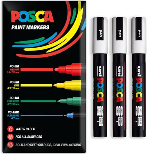 Posca Water Based Acrylic Paint Marker Pens | Multi Surface Use Permanent Paint Pen | Pack of 3 Pens in Envelope Gift Packaging | Glass, Fabric, Canvas, Wood etc | PC-5M, White