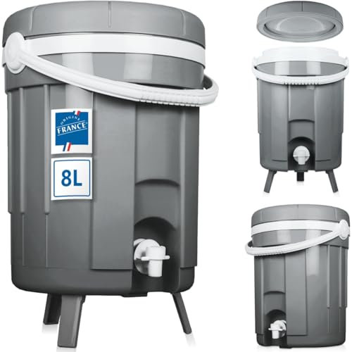 Getränkespender Getränkebehälter Thermobehälter 8L isoliert mit Zapfhahn und ausklappbaren Standfüßen für Camping Sport Freizeit (Grau)