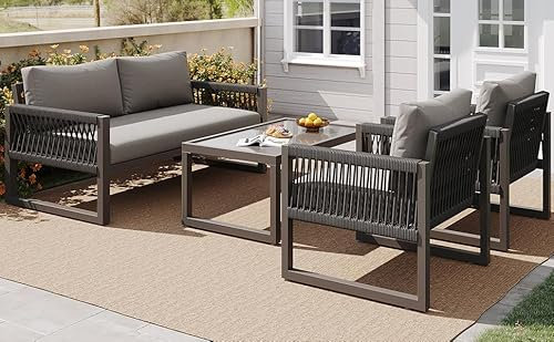 A ALFRESCOOL Gartenlounge Outdoor, Gartenlounge Set mit verzinktem Eisenrahmen, Gartenmöbel-Set aus Seil, Lounge-Set aus Seil mit Sitzkissen, verstellbaren Füßen, glatter Glasplatte, 4er-Set(Grau)