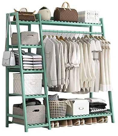 LDTTYRC Exquisiter Kleiderständer aus Holz mit Regalen, Kleiderständer zum Aufhängen im Schlafzimmer, freistehender offener Kleiderschrank/Grün/130 * 40 * 140cm