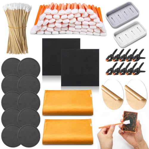 Leinuosen 228 Pcs Trade Card Flattening Kit Sports Card Cleaning Tool | Compatible with TCG Card Cleaning, Include 2 Pads 10 Small Plastic Clamps 2 Suede Cloths 200 Swabs 12 Discs 2 Boxes